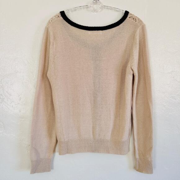 Cable Knit Cardigan Sweater Women's S Cream & Black Preppy Delicate Crochet - Picture 6 of 9